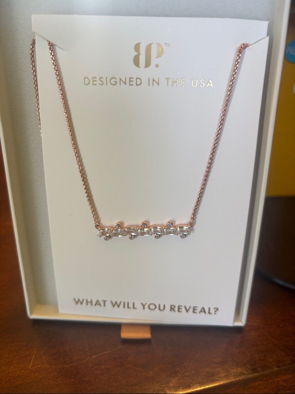 Rose Gold Bar Necklace with Clear Crystal Drops